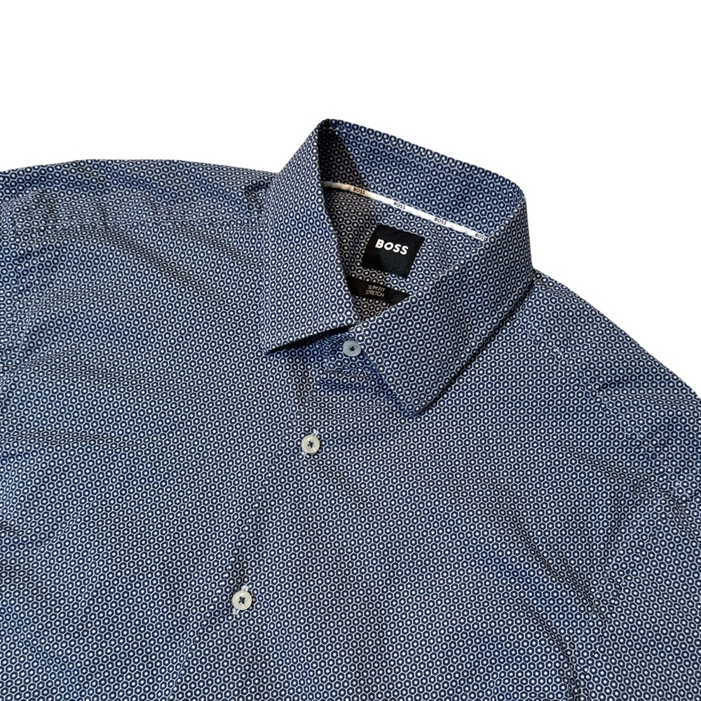 Boss mens 15.5 39 M blue geo pattern slim fit stretch modern dress shirt EUC